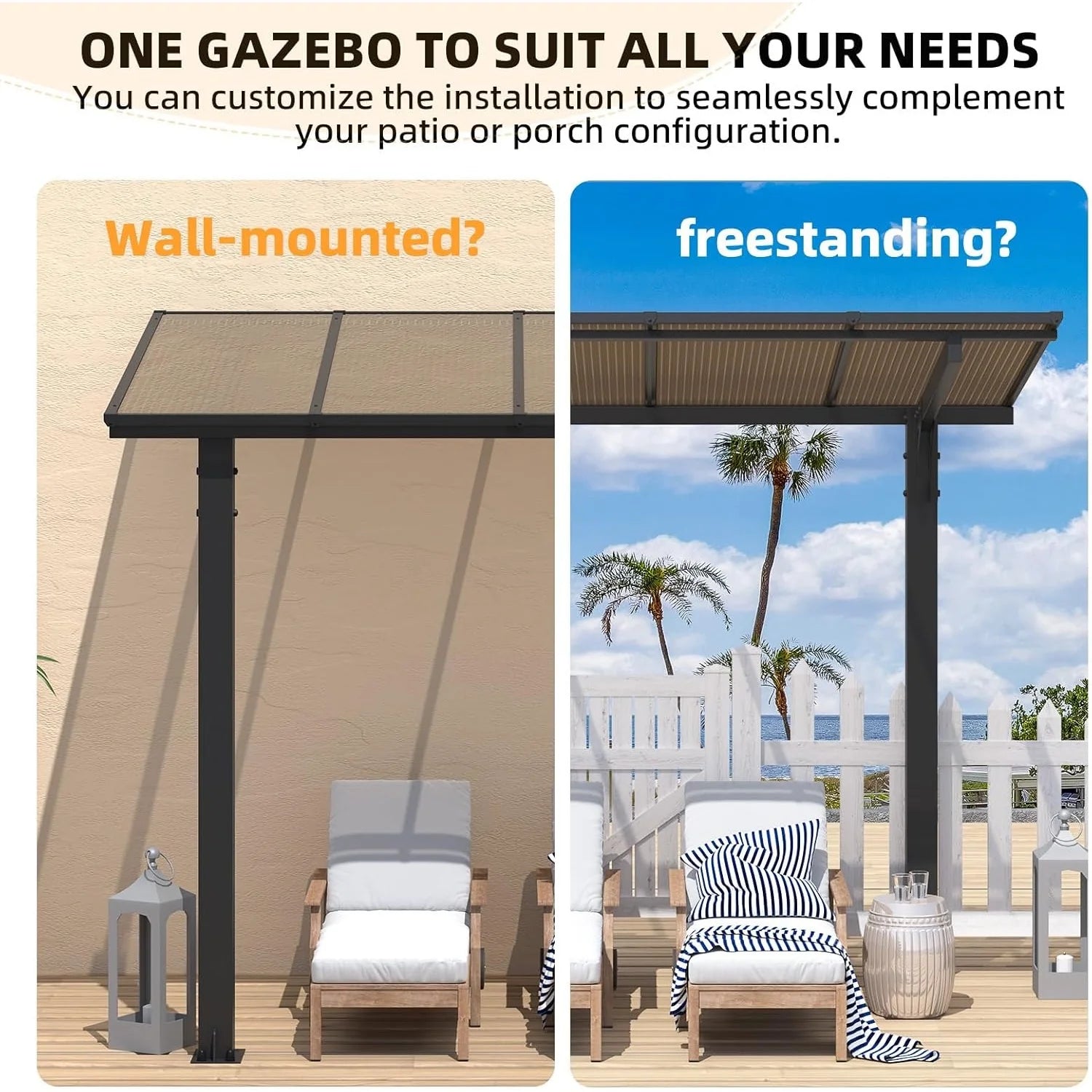 AECOJOY 10' x 10' Outdoor Gazebo Pergola Carport for Patio, Freestanding Lean to Hard Top Pergolas and Gazebos Clearance with Roof