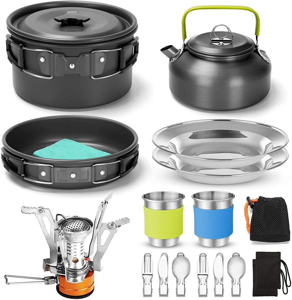 16pcs Camping Cookware Set with Folding Camping Stove, Non - Stick Lightweight Pot Pan Kettle Set with Stainless Steel Cups Plates Forks Knives Spoons for Camping Backpacking Outdoor Picnic