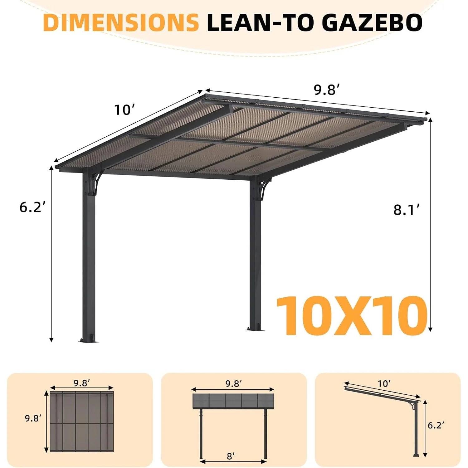 AECOJOY 10' x 10' Outdoor Gazebo Pergola Carport for Patio, Freestanding Lean to Hard Top Pergolas and Gazebos Clearance with Roof